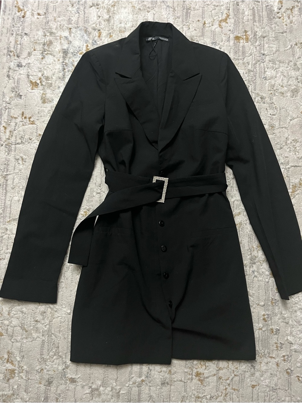 Zara Rhinestone Buckle Belted Blazer Dress